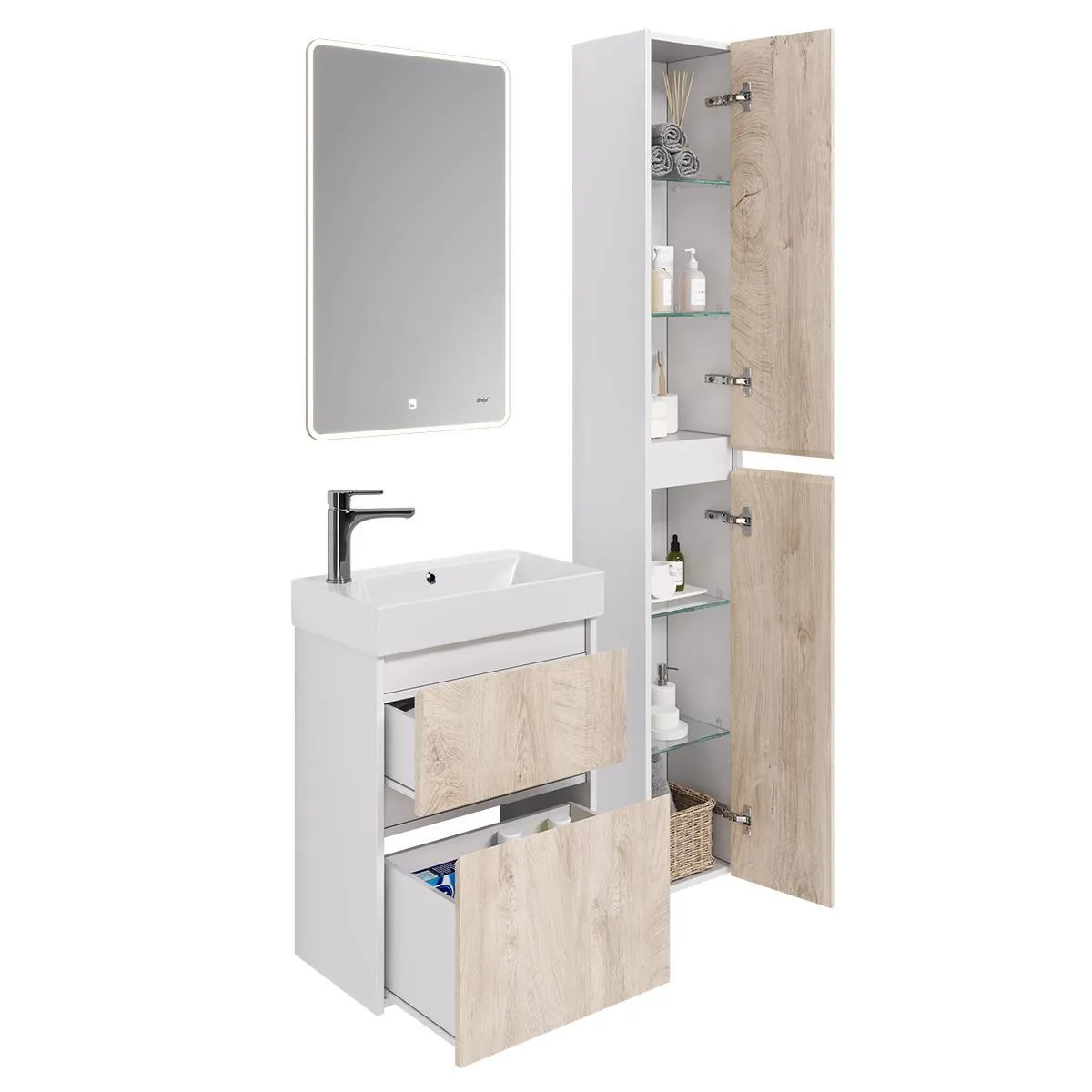 Тумба с раковиной подвесная Dreja Slim 55 см, белый/дуб кантри