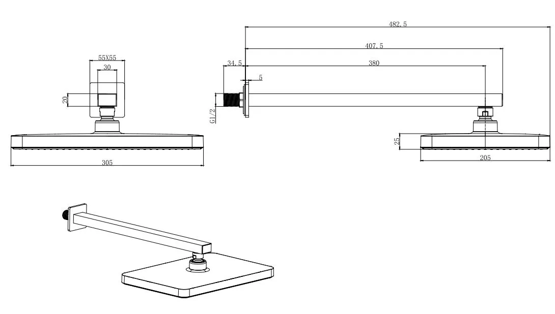 Верхний душ настенный AQUATEK AQ2081CR, 305х205 мм
