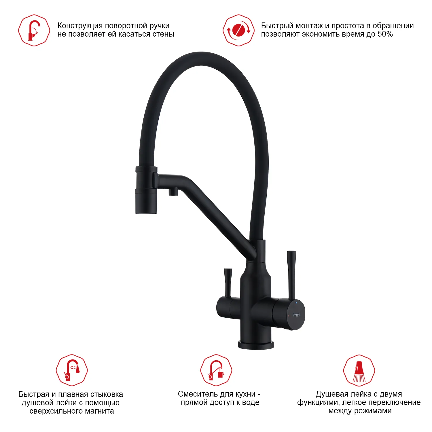 Смеситель Raglo для кухни со съемным гибким изливом, с магнитным фиксатором излива, с подключением фильтра питьевой воды (R81.62.06)