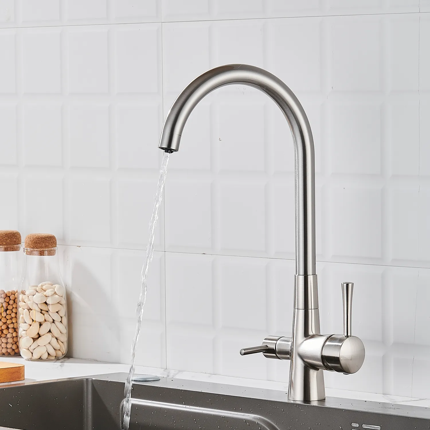 Смеситель для кухни с подключением фильтра Shevanik S428L, сатин