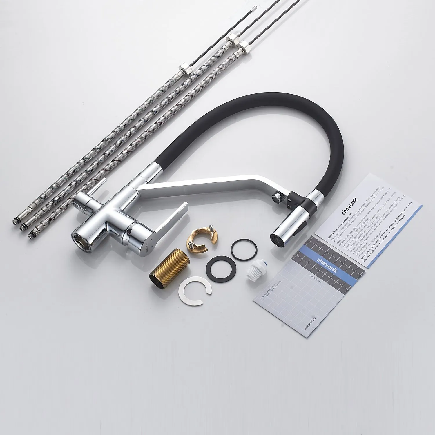 Смеситель для кухни с гибким изливом и подключением фильтра Shevanik S278, хром