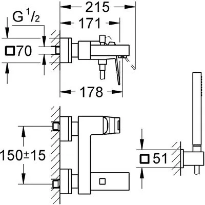 Смеситель для ванны GROHE Eurocube с душевым гарнитуром, хром (арт. 23141000)