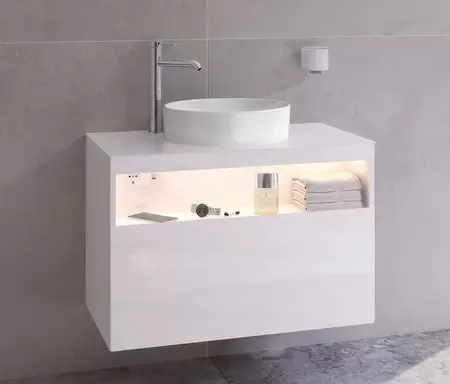 32864300100 STAGELINE Тумба под умывальник 800x550x490mm,1 ящик,oтверстие под смеситель слева,с освещением,pозеткa и USB,пластиковый сифон,цв.белый