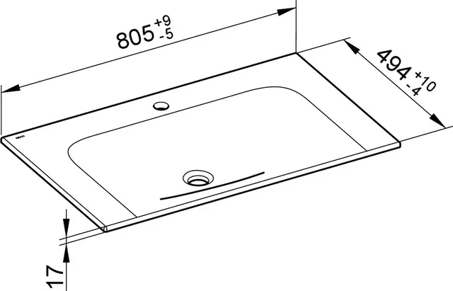 32960318001 PLAN Керамический умывальник 805x17/133x494 mm, 1 отверстие под смеситель, без перелива, со сливом-переливом CLOU , белый Clean Plus