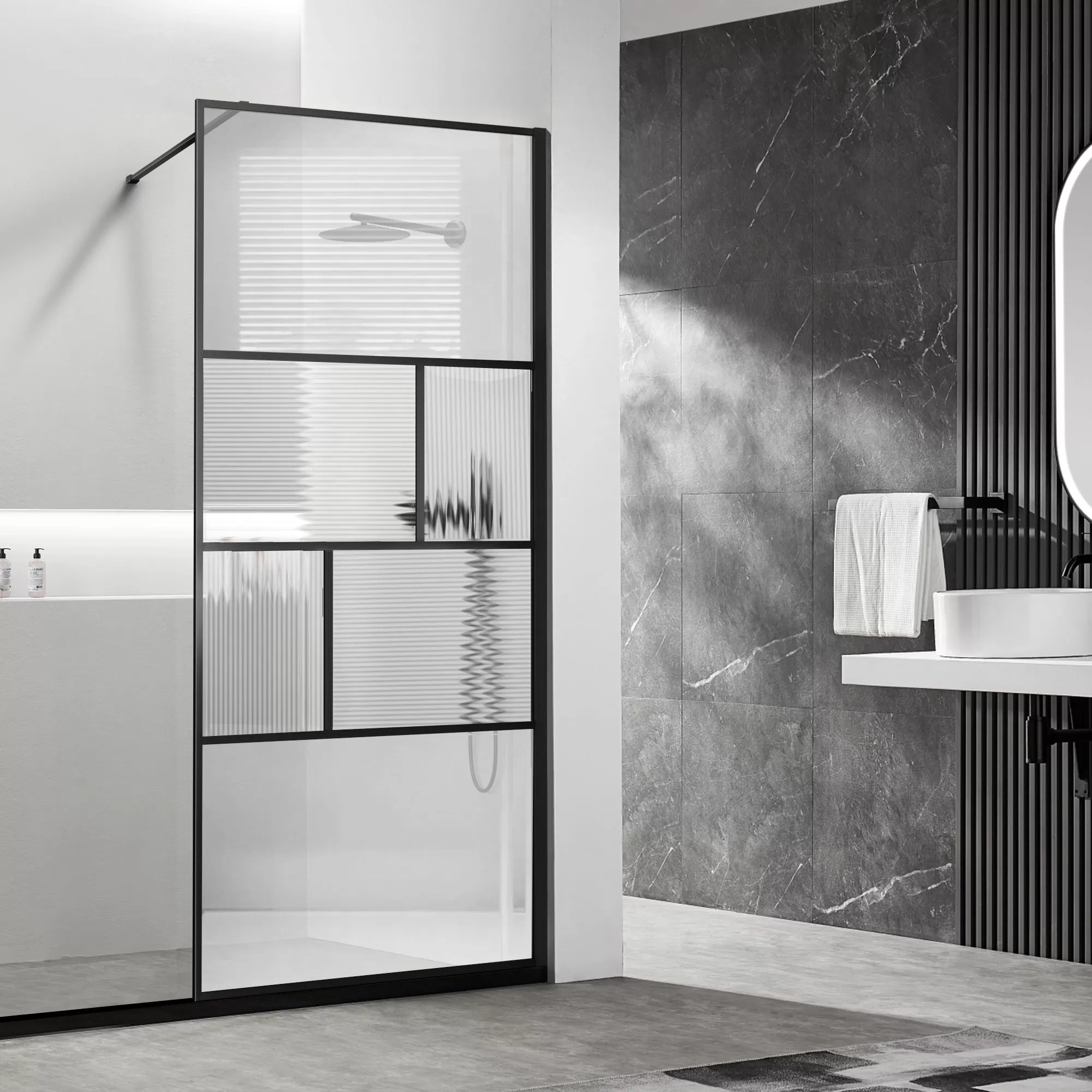 Душевая перегородка Vincea Walk-In (VSW-1HC120CFB) 1200х2000 мм, черный, стекло прозрачное/рифленое