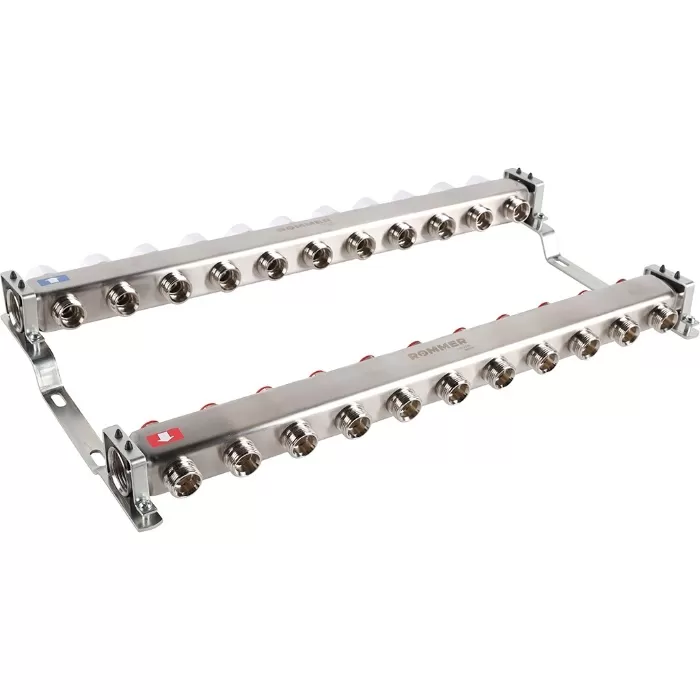 Коллектор Rommer 1"x3/4" на 11 контуров с запорными клапанами (нерж. сталь) (RMS-3200-000011)