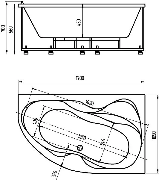 Акриловая ванна Aquatek Вега 1700x1050 правосторонняя, с фронтальным экраном (VEG170-0000083)