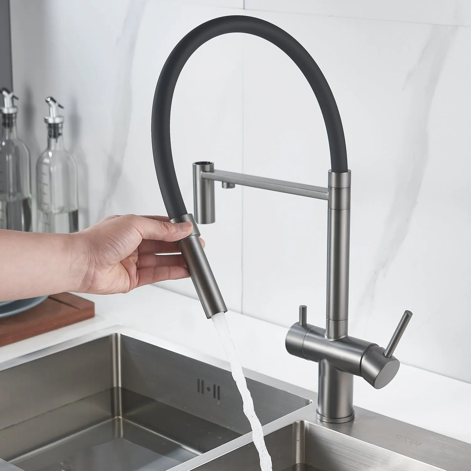 Смеситель для кухни с подключением фильтра Shevanik S178T, оружейная сталь