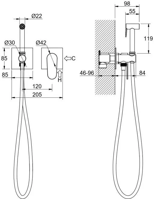 Комплект для гигиенического душа встроенный 2 отв. (смеситель + гигиеническая лейка + шланг) AQUATEK ОБЕРОН, матовый черный AQ1220MB