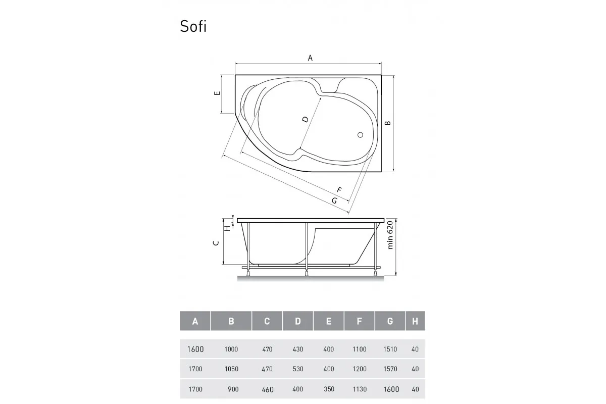 Ванна акриловая правосторонняя Relisan SOFI Гл000026239, 170x90