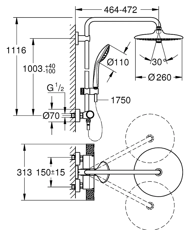 Душевая система поворотная с термостатом Grohe Euphoria 260, хром (27615002)