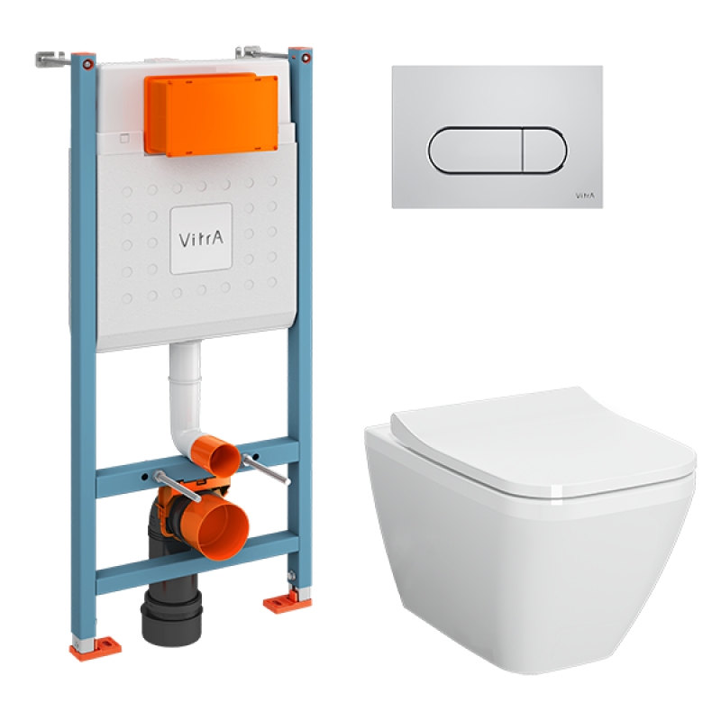 9856B003-7207 Комплект Vitra: Integra Square подвесной Безободковый унитаз + тонкое сиденье МЛ/БС+ инсталляция + панель смыва хром глянец
