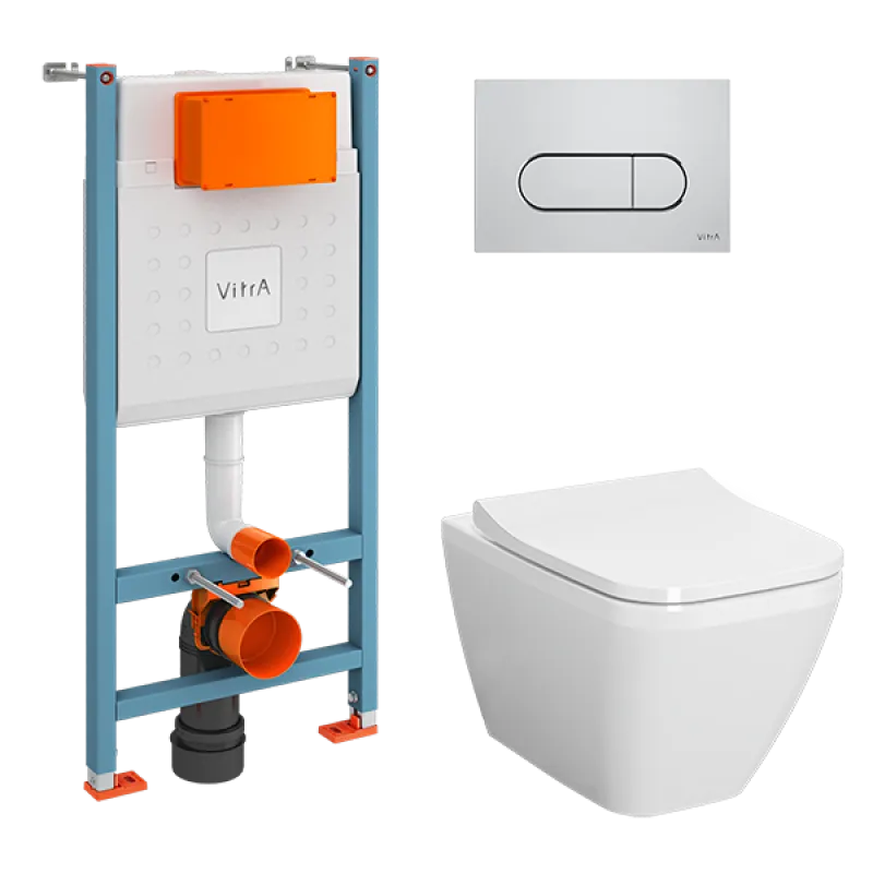 9856B003-7207 Комплект Vitra: Integra Square подвесной Безободковый унитаз + тонкое сиденье МЛ/БС+ инсталляция + панель смыва хром глянец