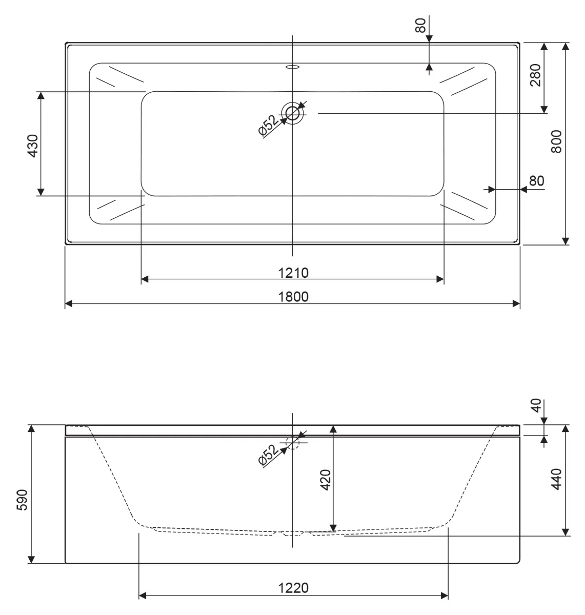 Акриловая ванна Cezares Plane mini 180х80, Белый (PLANE MINI-180-80-42-W37)