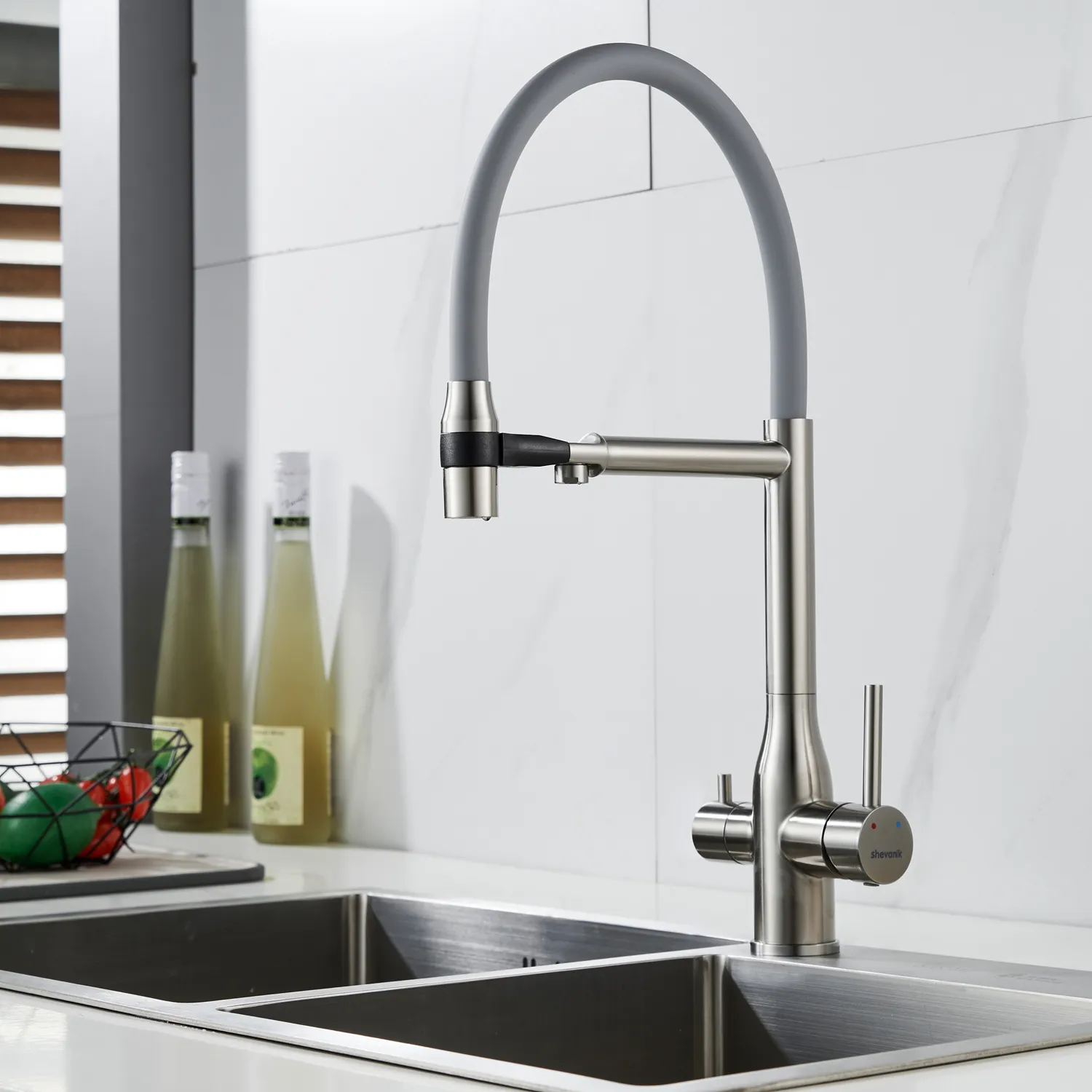 Смеситель для кухни с гибким изливом и подключением фильтра Shevanik S378L, сатин