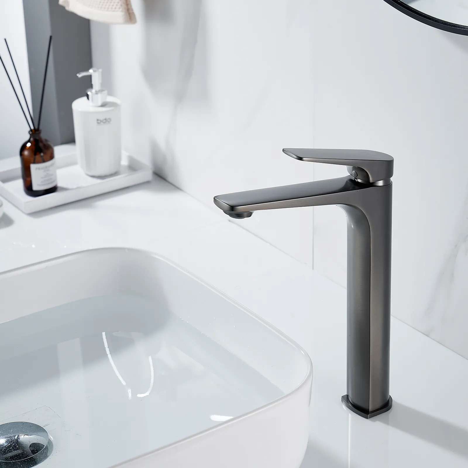 Смеситель для раковины высокий Shevanik S4211T, оружейная сталь