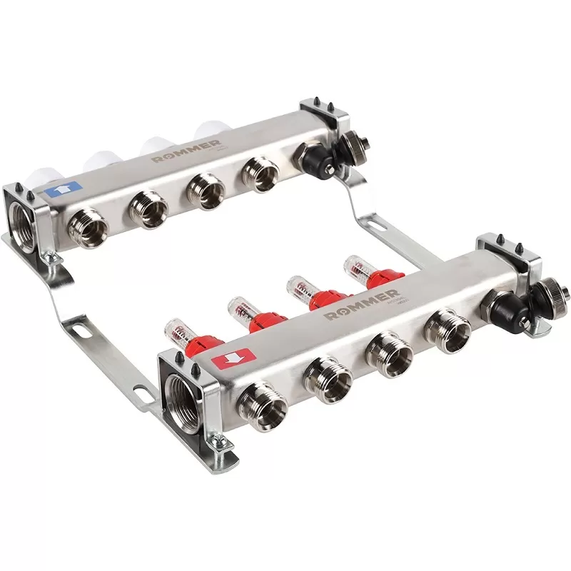 Коллектор Rommer 1"x3/4" на 4 контура с расходомерами и запорными клапанами (RMS-1201-000004)