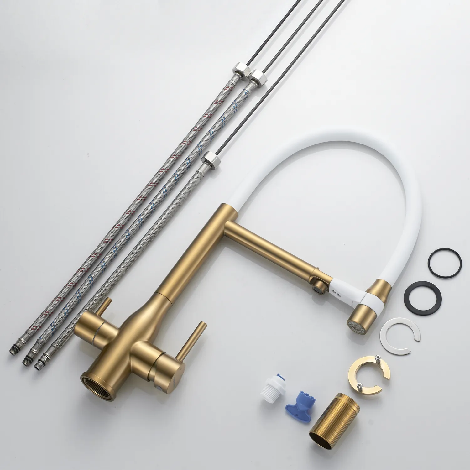 Смеситель для кухни с гибким изливом и подключением фильтра Shevanik S378G, золотой сатин/белый