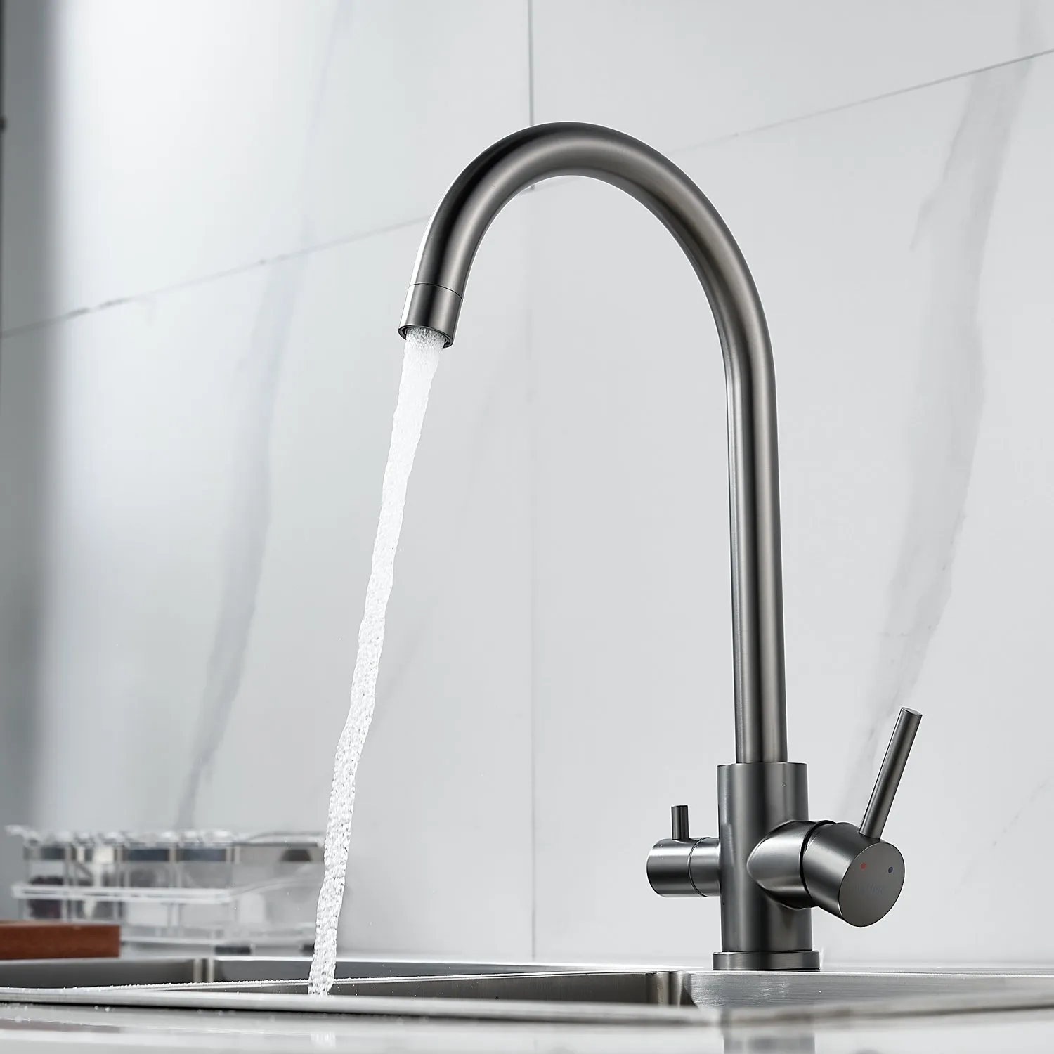 Смеситель для кухни с подключением фильтра воды Raffine F108T, оружейная сталь