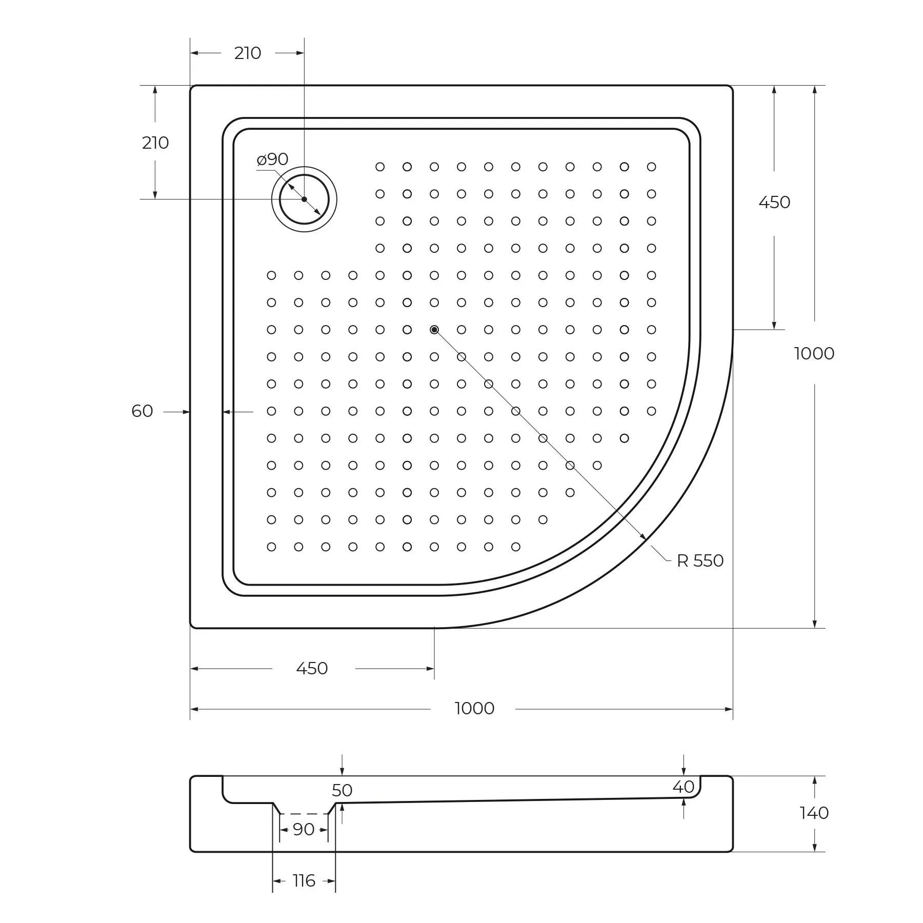 Акриловый поддон Cezares 1000х1000 мм, белый (TRAY-A-R-100-550-15-W0)
