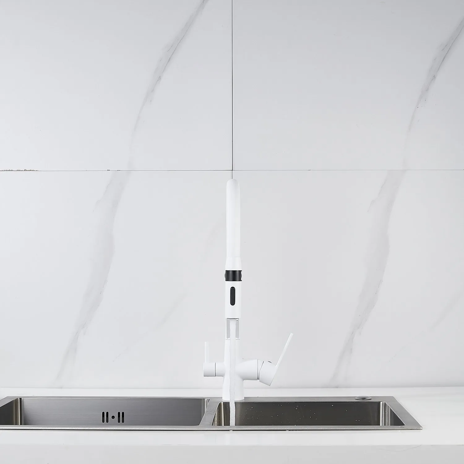 Смеситель для кухни с гибким изливом и подключением фильтра Shevanik S278C, белый