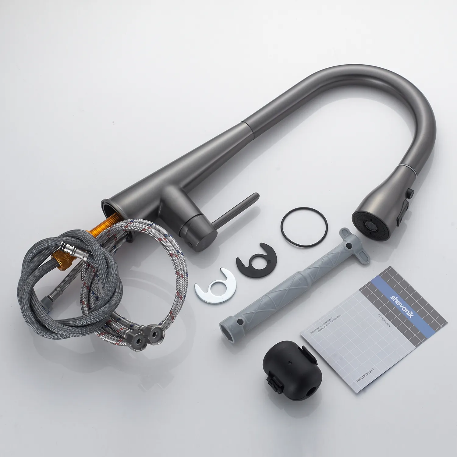 Смеситель для кухни с выдвижным изливом Shevanik S363T, оружейная сталь