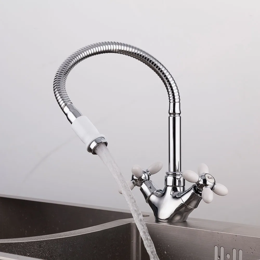 Смеситель для кухни с гибким изливом FRUD R43127-7, хром/белый