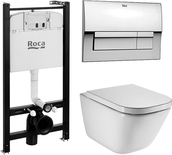 Комплект унитаз с инсталляцией, кнопкой и сиденьем микролифт Roca The GAP! безободковый (893104100)