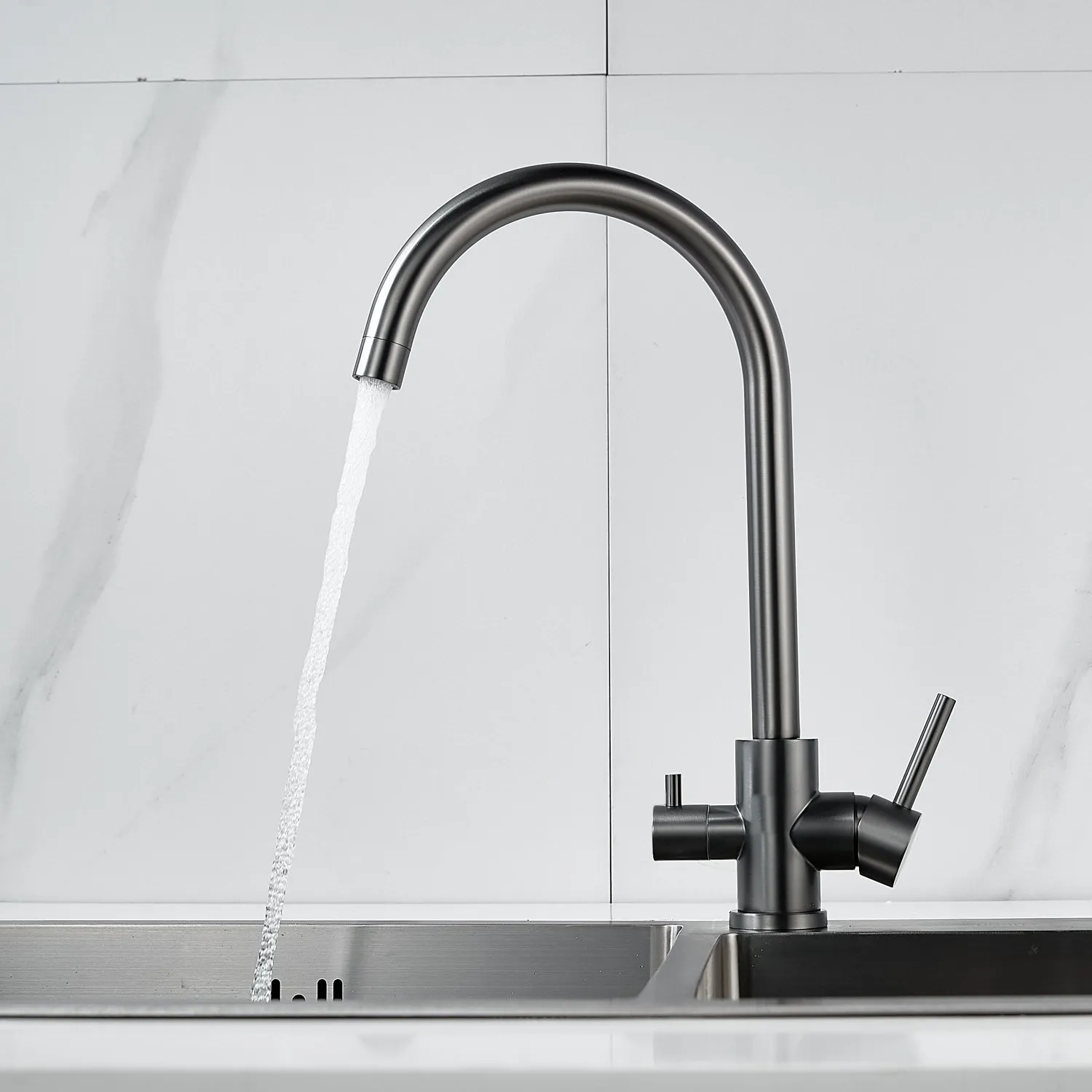 Смеситель для кухни с подключением фильтра воды Raffine F108T, оружейная сталь