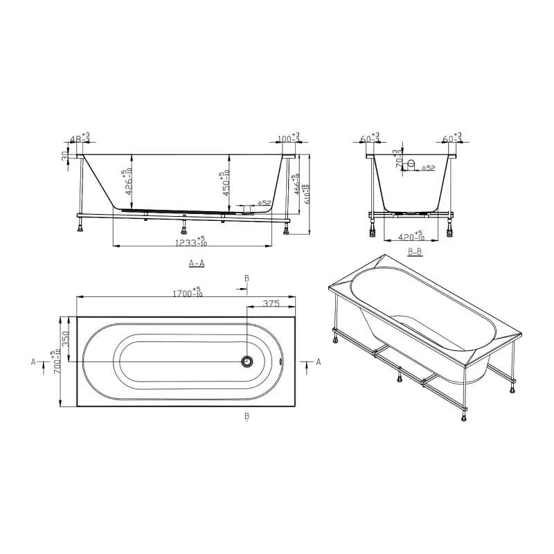 Ванна акриловая SMARTFLOW Oberon Solo SMF1877-1.7, 170x70 см