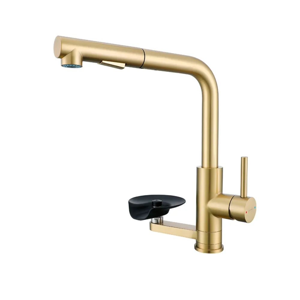 Смеситель для кухни с выдвижным изливом и мойкой стаканов Prohanss P45.47.03, сатин золотой