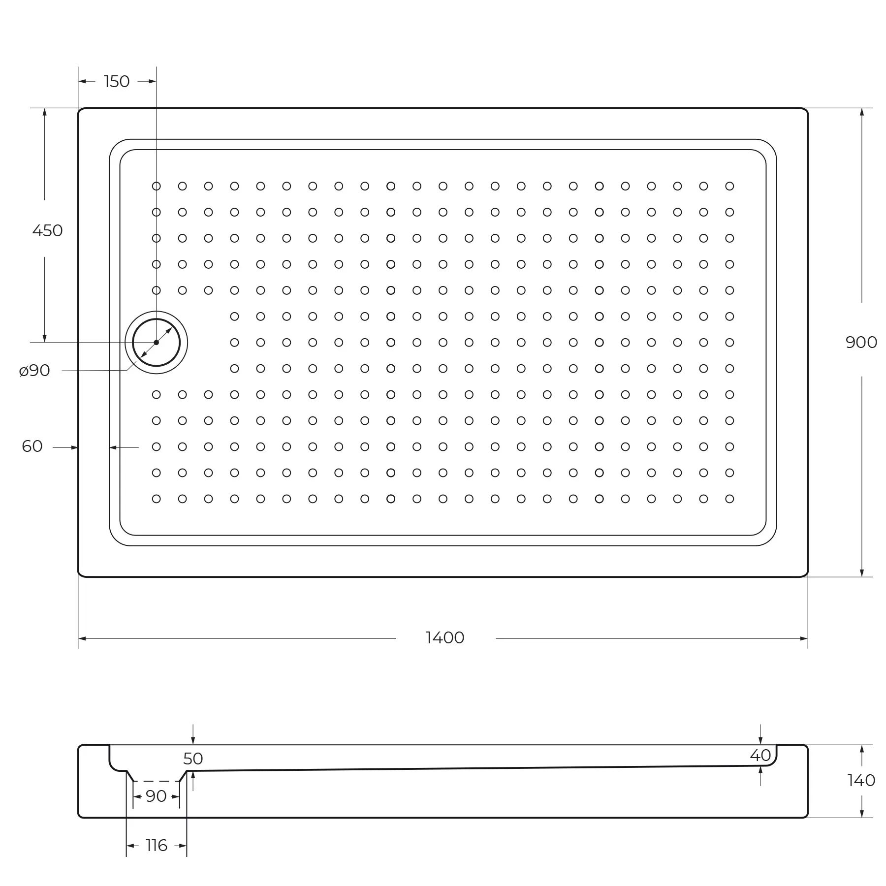Акриловый поддон Cezares 1400х900 мм, белый (TRAY-A-AH-140/90-15-W)