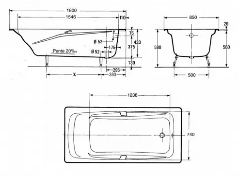 Ванна чугунная Jacob Delafon Repos (E2903) 180х85 с отверстиями для ручек
