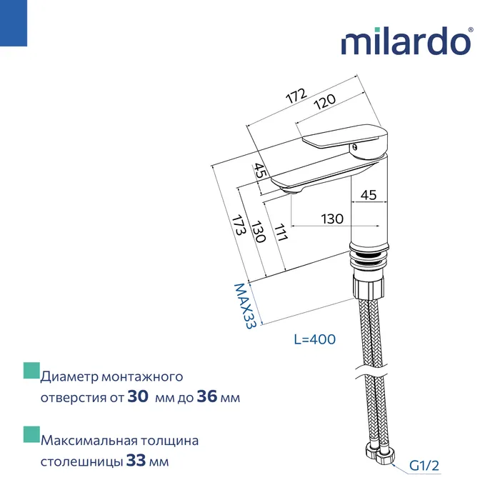 Смеситель для умывальника, хром глянцевый, Poli, Milardo (POLSB00M01)