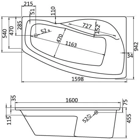 1.WH11.1.990 МАЙОРКА XL 160х95 ванна асимметричная акриловая правосторонняя белая