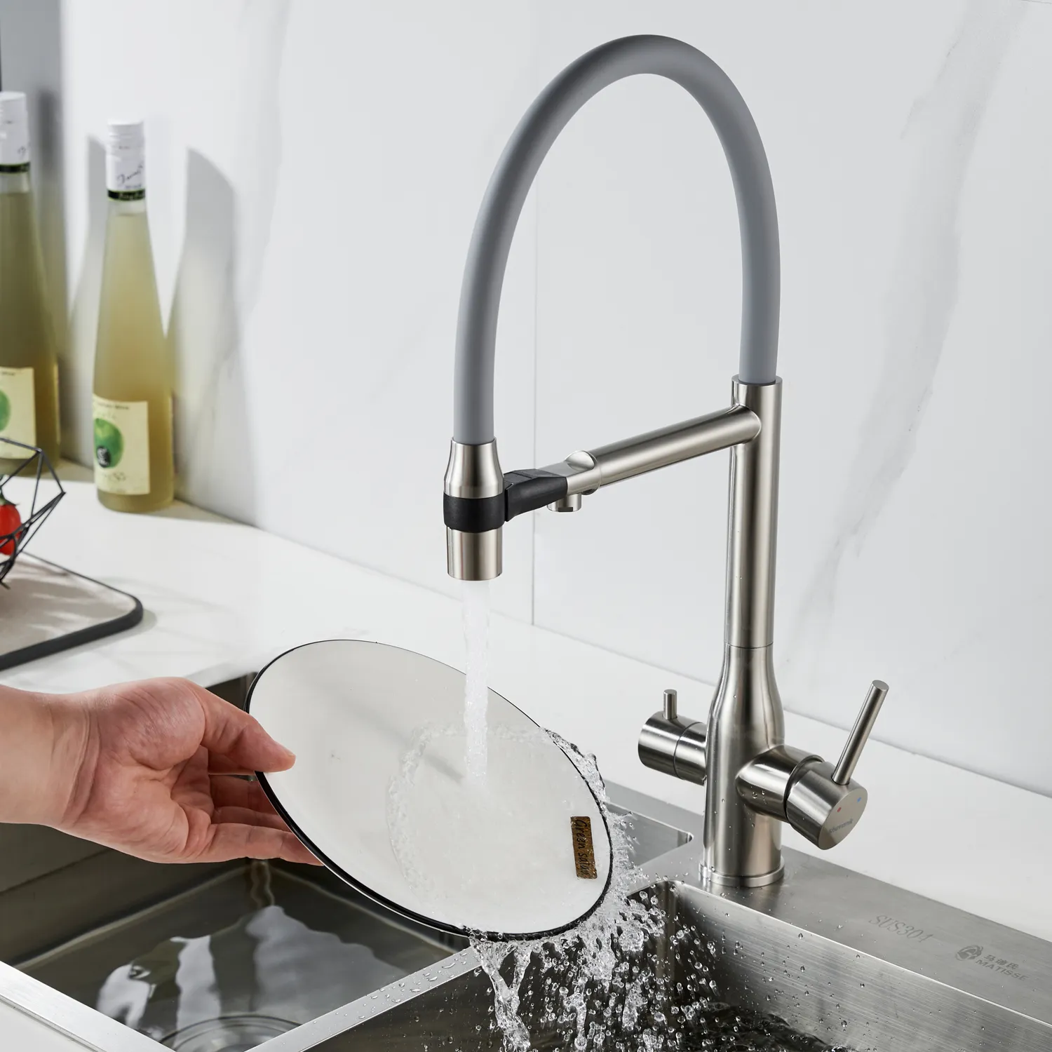 Смеситель для кухни с гибким изливом и подключением фильтра Shevanik S378L, сатин