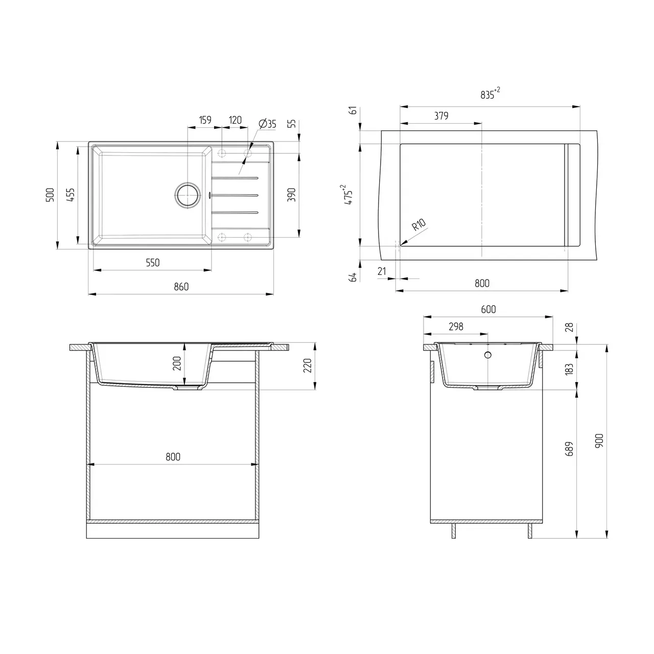 Кухонная мойка Ulgran Quartz Prima 860-10, песок