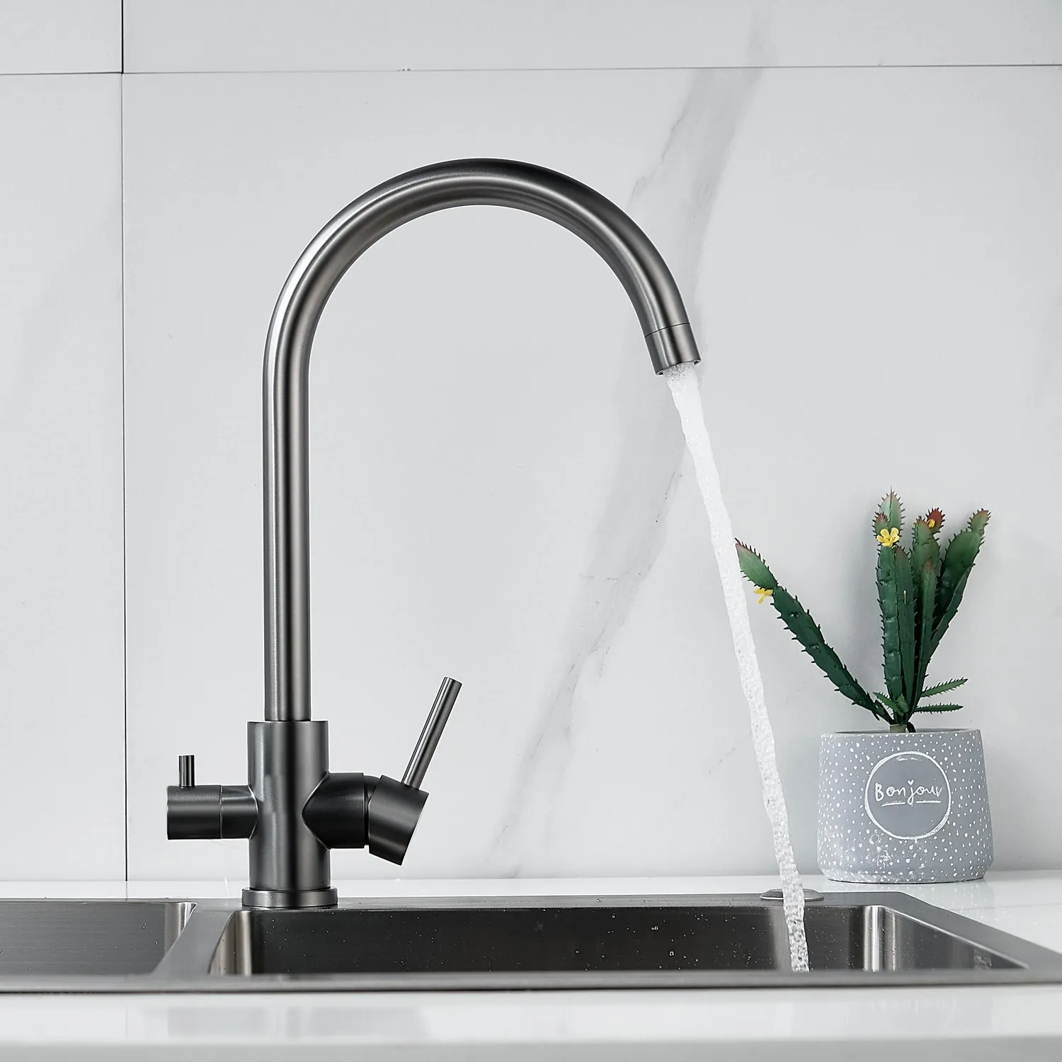 Смеситель для кухни с подключением фильтра воды Raffine F108T, оружейная сталь