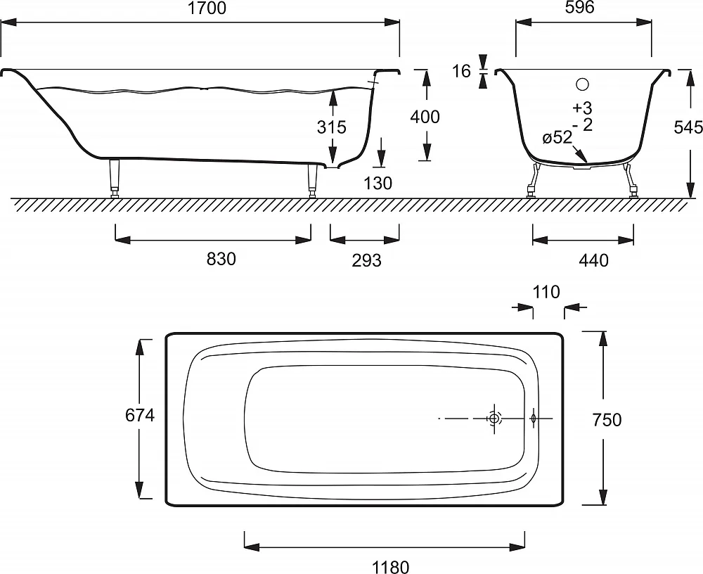 Чугунная ванна Jacob Delafon Diapason 170x75 без отверстий для ручек (E2937-S-00)
