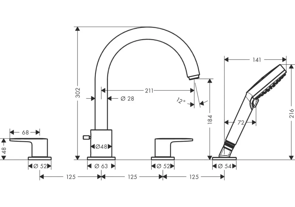 Смеситель на край ванны на 4 отверстия HANSGROHE Vernis Blend Хром (71456000)