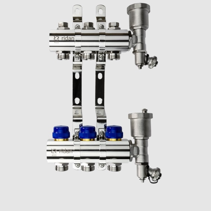 Комплект коллекторов Ридан FHF-2R 2 контура: с кронштейнами и торцевыми секциями с автоматическими воздухоотводчиками