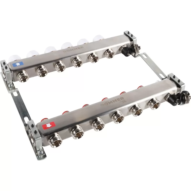 Коллектор Rommer 1"x3/4" на 6 контуров с запорными клапанами (нерж. сталь) (RMS-3201-000006)