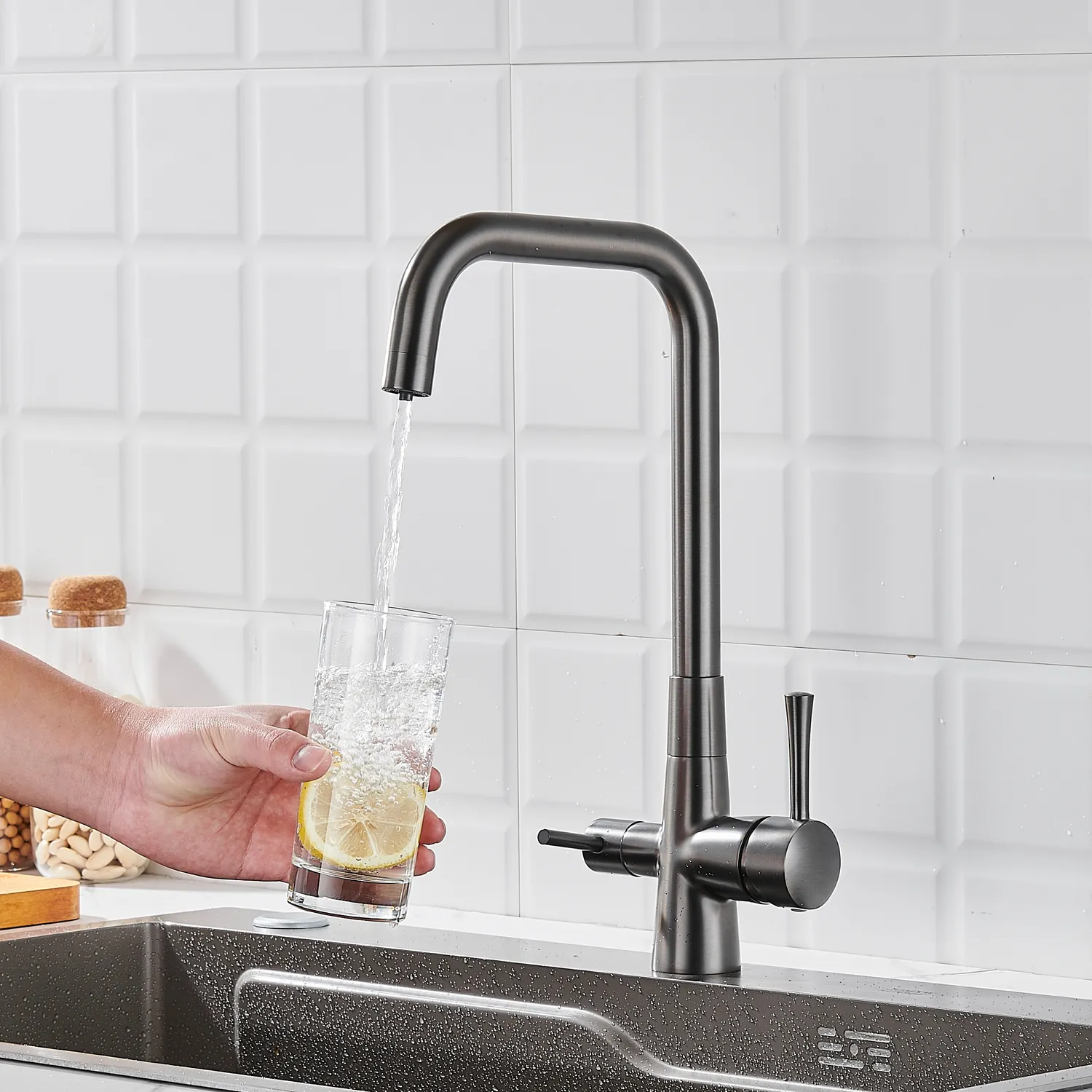 Смеситель для кухни с подключением фильтра Shevanik S528T, оружейная сталь