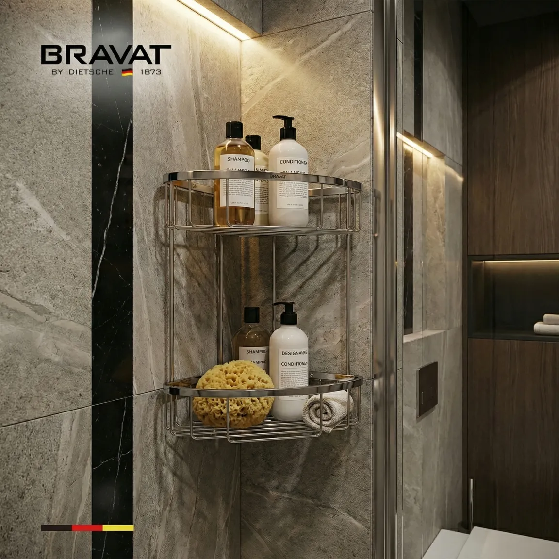 Полка двойная для ванной комнаты угловая BRAVAT (D71004CP-SW)