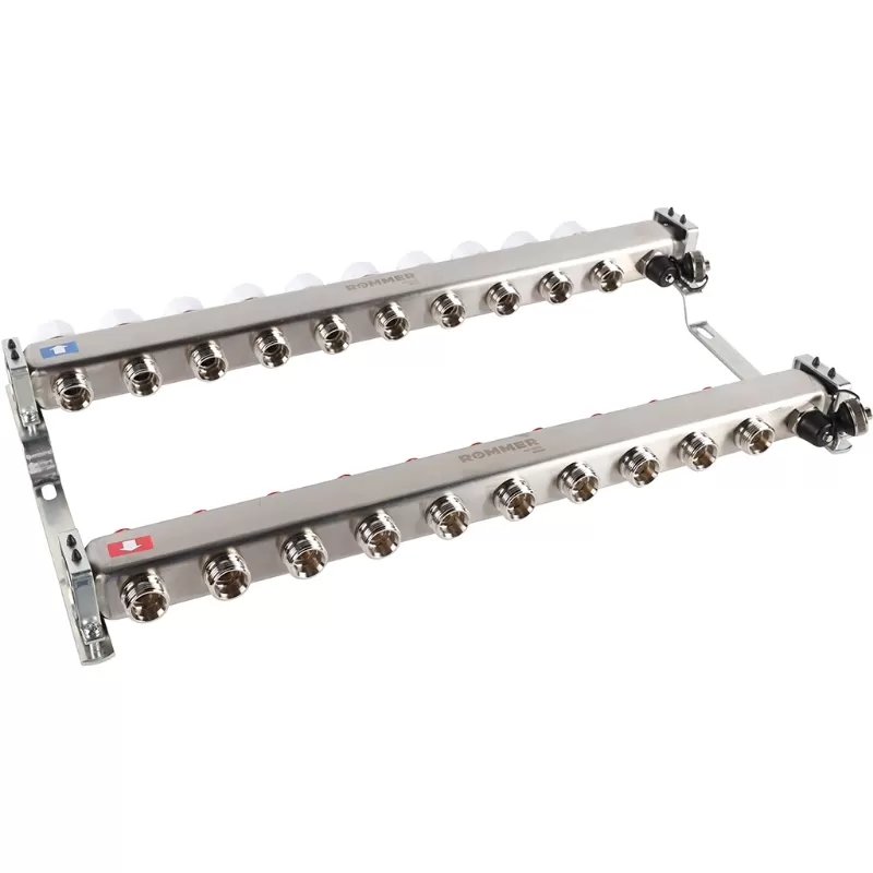 Коллектор Rommer 1"x3/4" на 10 контуров с запорными клапанами (нерж. сталь) (RMS-3201-000010)