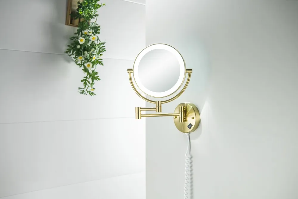 AQ4915BG зеркало косметическое настенное с подсветкой 5х, шлиф. золото