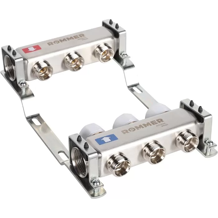Коллектор Rommer 1"x3/4" на 3 контура с запорными клапанами (нерж. сталь) (RMS-3200-000003)