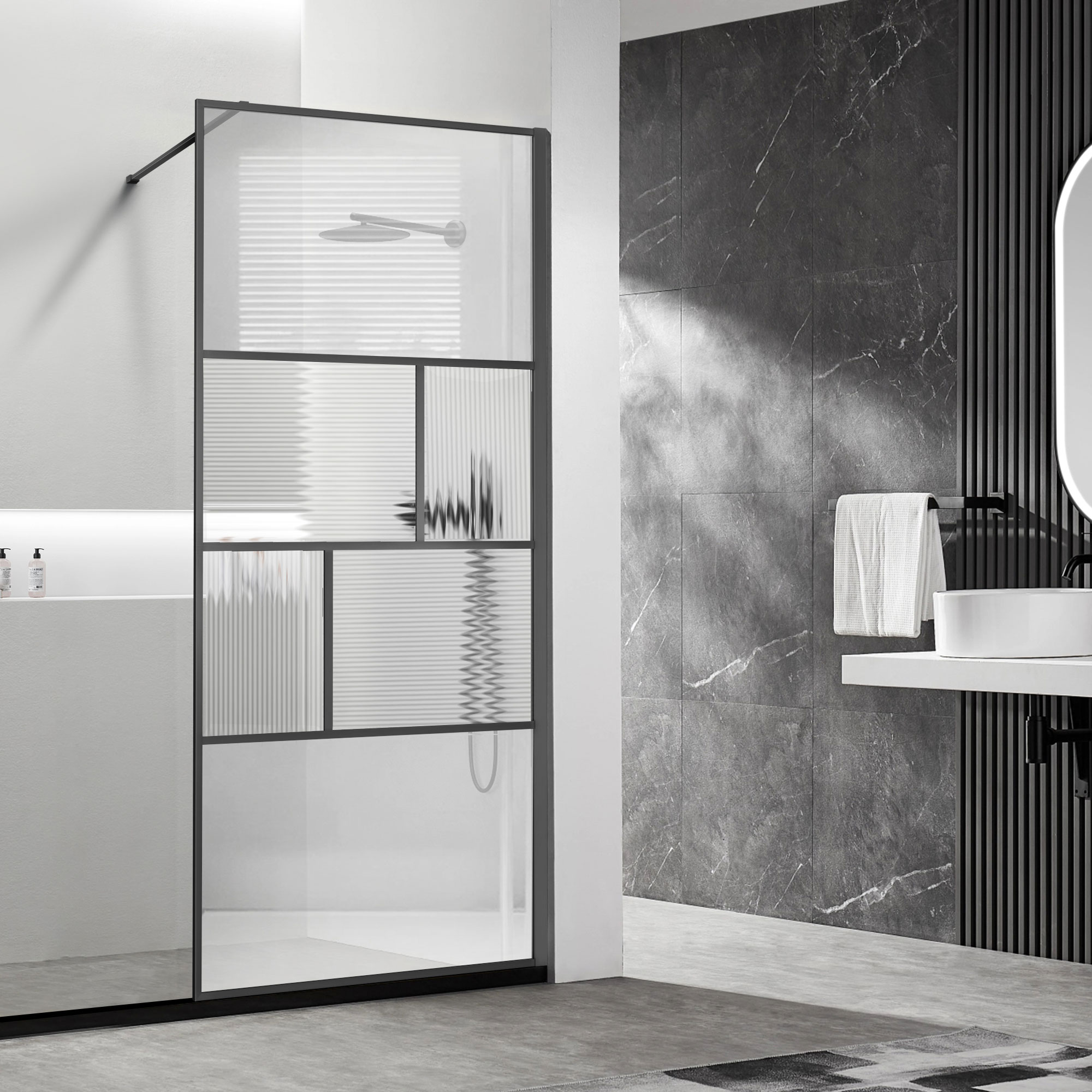 Душевая перегородка Vincea Walk-In (VSW-1HC800CFGM) 800х2000 мм, вороненая сталь, стекло прозрачное/рифленое