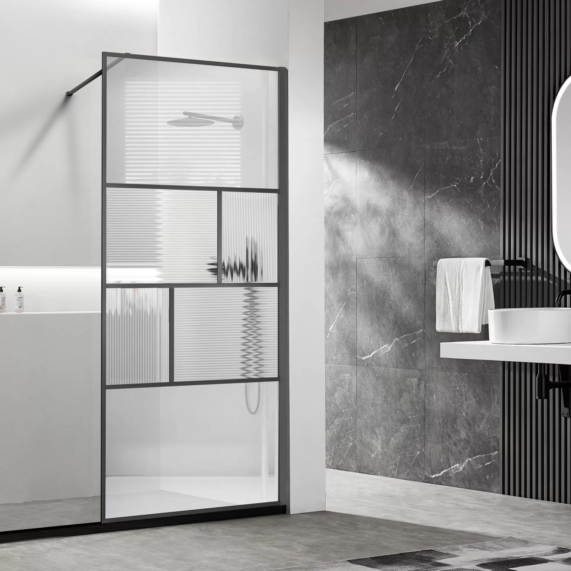 Душевая перегородка Vincea Walk-In (VSW-1HC800CFGM) 800х2000 мм, вороненая сталь, стекло прозрачное/рифленое