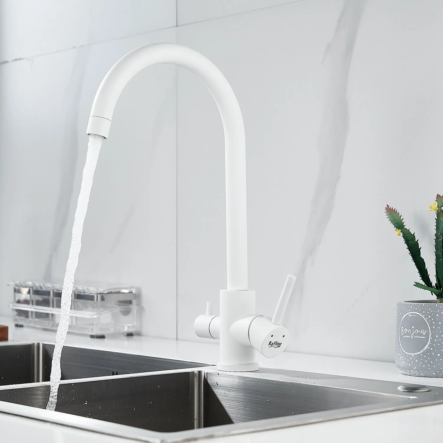 Смеситель для кухни с подключением фильтра воды Raffine F108C, белый